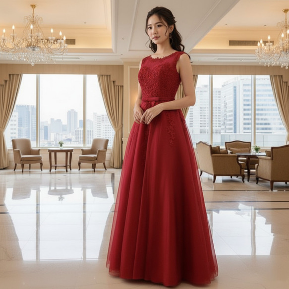 人気カラードレス 赤 ワイレッド ノースリーブ 背中ファスナー 結婚式