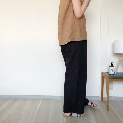 リネンのシンプルパンツ ブラック ロングパンツ コトリ雑貨店