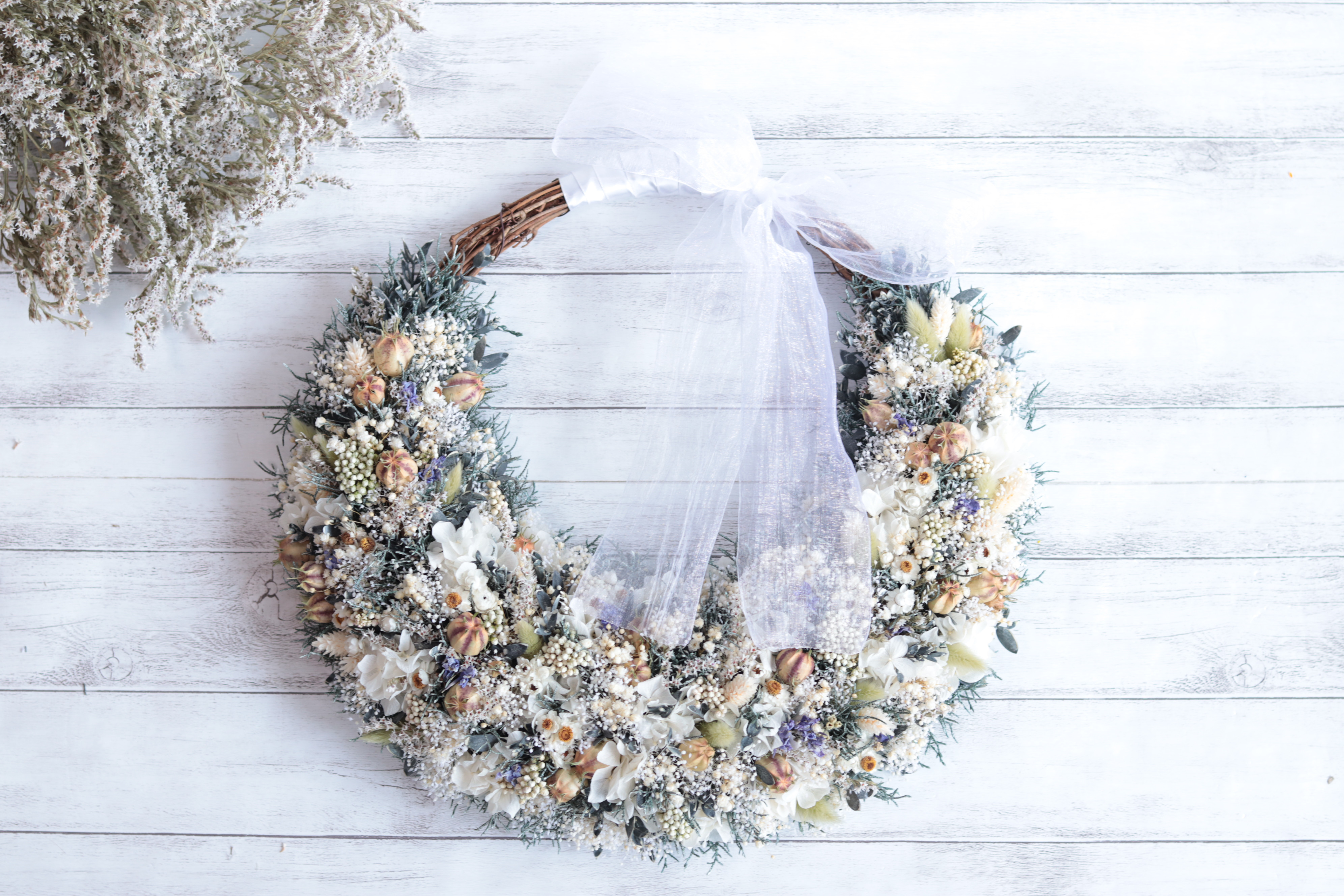 風船ポピー&デルフィニウムのリースブーケ(単品)＊プリザーブドフラワー&ドライフラワー