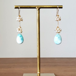 天然石~泡沫~ Larimar &amp; 淡水珍珠 K14gf 長耳環/耳環 第2張的照片