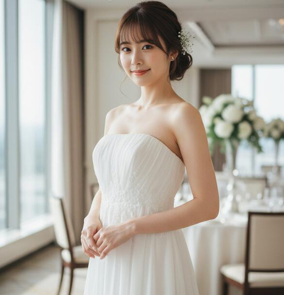 ウェディングドレス シンプルなエンパイアロングドレス 結婚式 前撮り