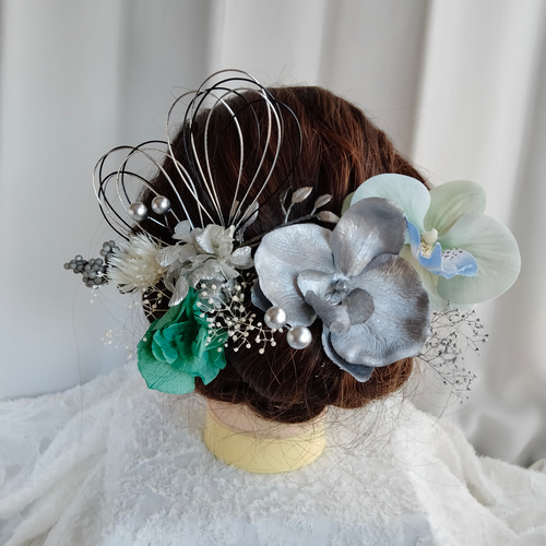 みどりの胡蝶蘭の水引髪飾り 成人式髪飾り 卒業式髪飾り 結婚式髪飾り