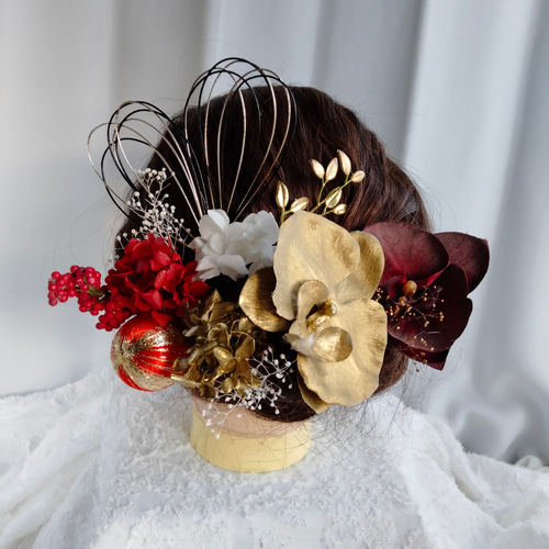 レッドゴールドの水引髪飾り 成人式髪飾り 卒業式髪飾り 結婚式髪飾り