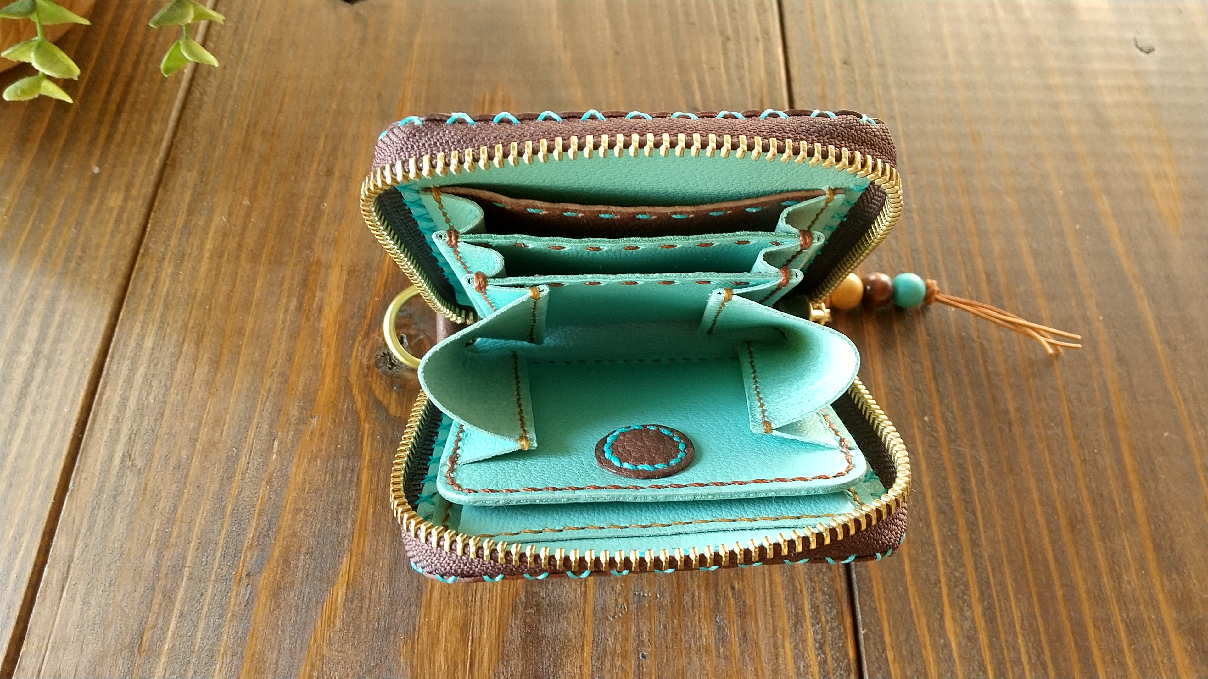 ボヘミアン 本革レザー 折財布 (エメラルドグリーン×マンダラ型) ミニ財布
