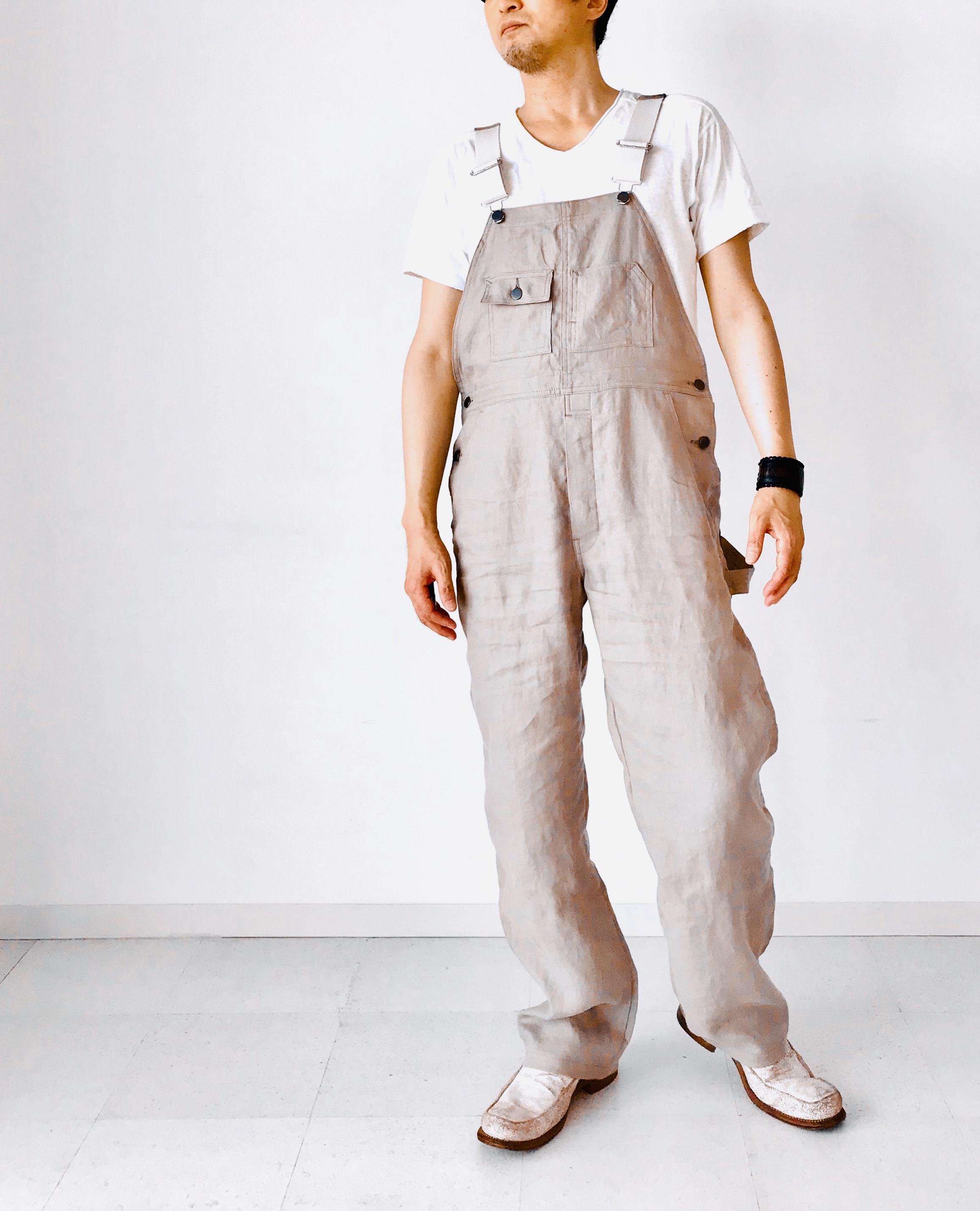 メンズ【men's】【グレージュ色】 Herdmans社アイリッシュリネン素材　サロペット  オーバーオール