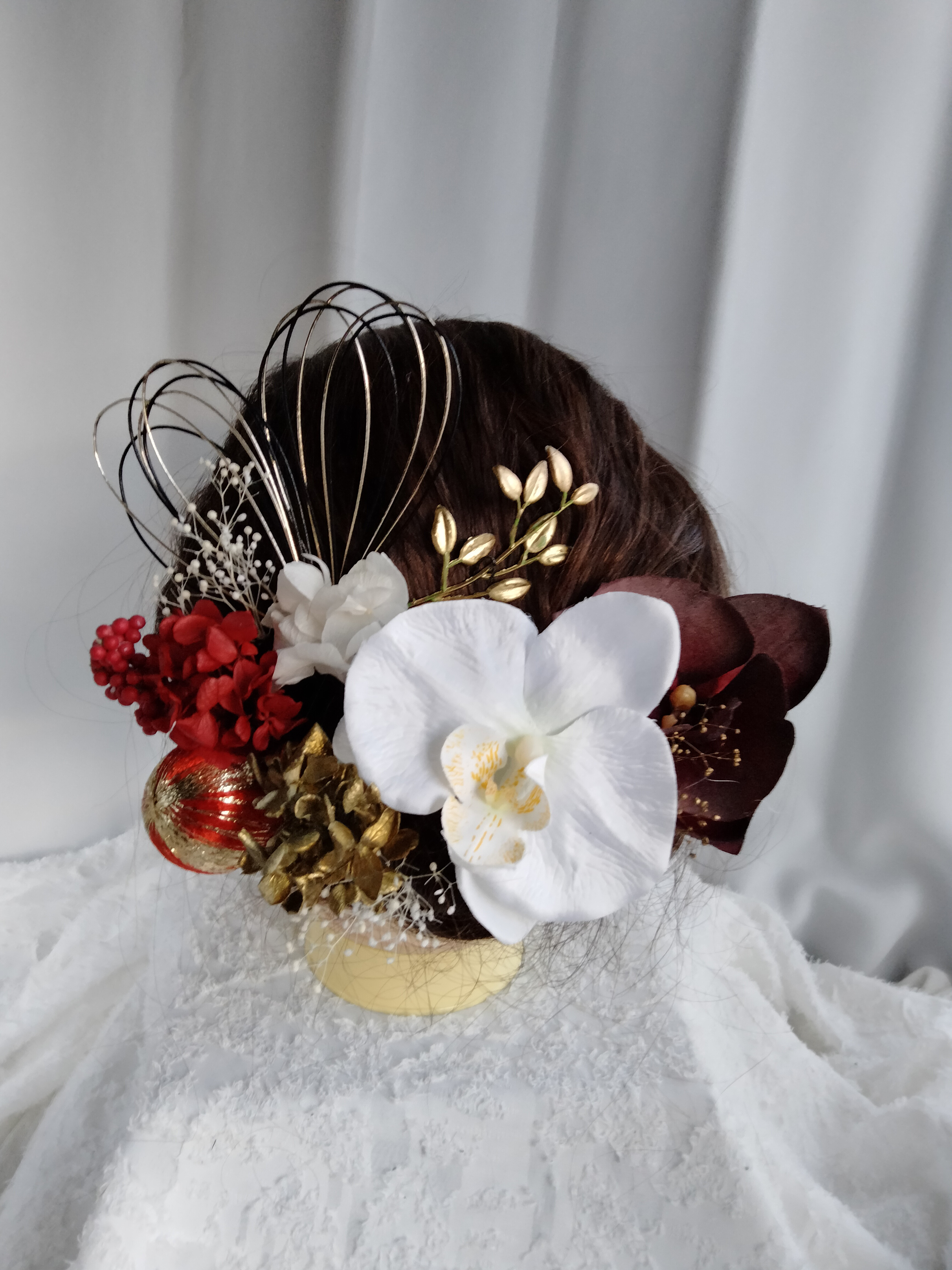 レッドゴールドの水引髪飾り　 成人式髪飾り　卒業式髪飾り　結婚式髪飾り　水引き　卒業式　成人式 　結婚式　振袖　袴　着物