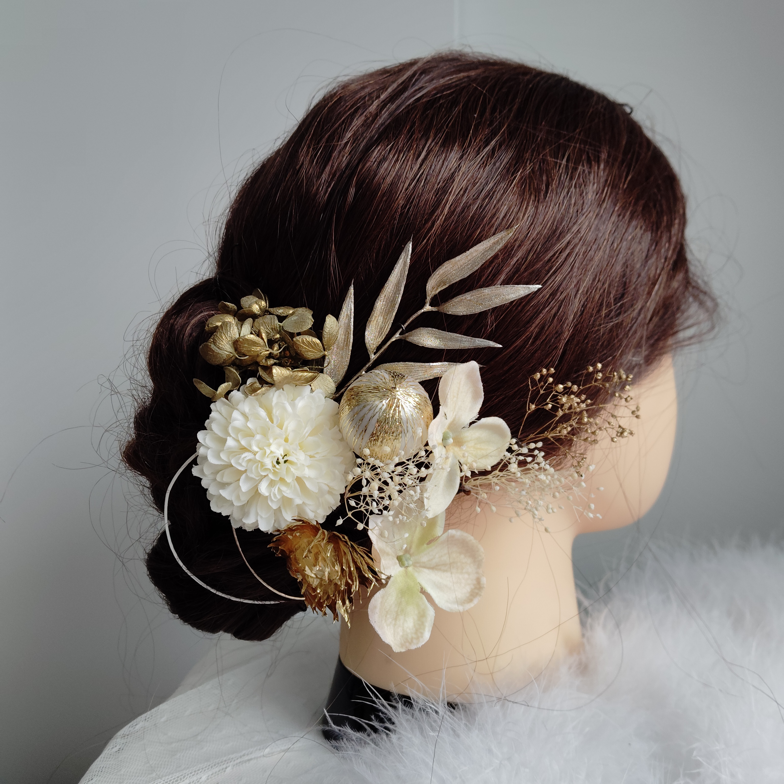花詩＿＿マムと紫陽花の髪飾り　クリーム色　白　オフホワイト　クリームホワイト　卒業式　成人式 　結婚式　髪飾り 　振袖