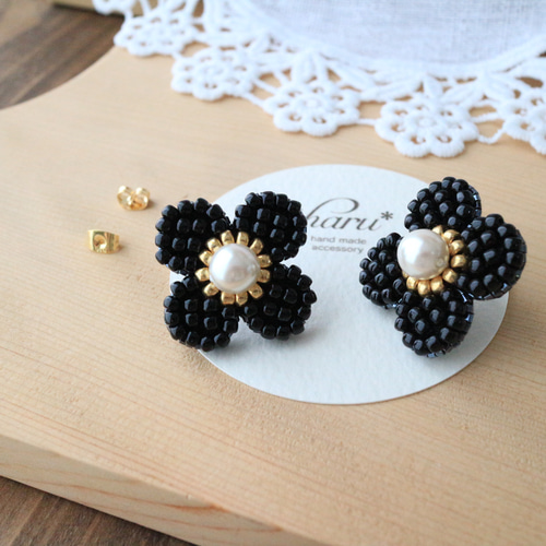 No.774【10ペア】ブラック お花 ハンドメイド ピアス イヤリング