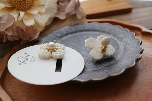 【再販】お花❁のビーズ刺繍 ピアス／イヤリング（ホワイト） 17枚目の画像