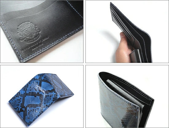 本革 ヌメ革 2つ折り財布 蛇革/ダイヤモンドパイソン　ショートウォレット  ブルー×ブラック 3枚目の画像