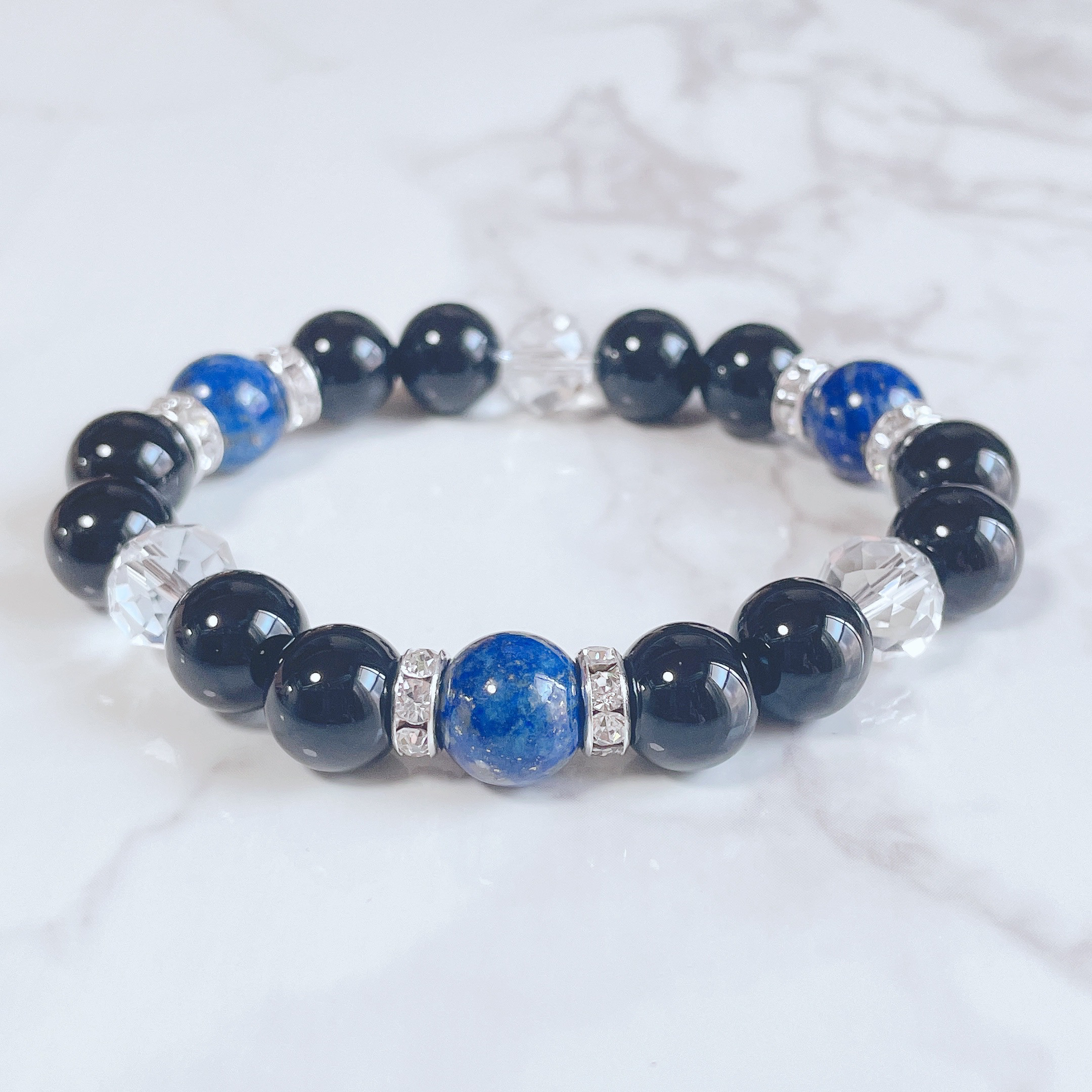 ✦悪運を払い幸運を呼び寄せる ラピスラズリ・オニキス ロンデル パワー・ストーン天然石 ブレスレット10mm玉