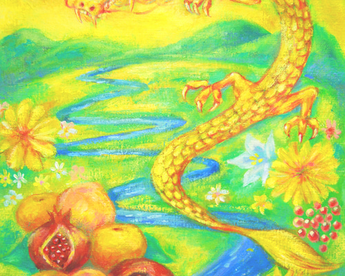 みっちゃん⭐風水色紙絵画　光龍鳳飛来富士　sunsui様作 F8 風水絵画☆受注制作☆さんかんの実・龍・赤い玉・日本の風景