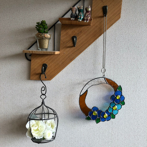ステンドグラス　小花　パネル　サンキャッチャー ステンドグラス・サンキャッチャー（青い小花） サンキャッチャー