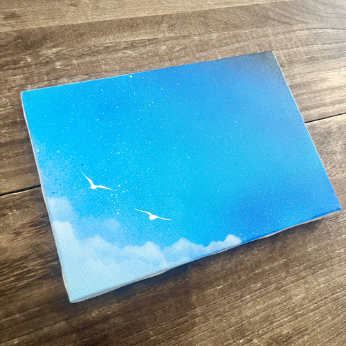 境界線の風景」原画 青空×宇宙×鳥 絵画 キャンバス 風景画 スプレー