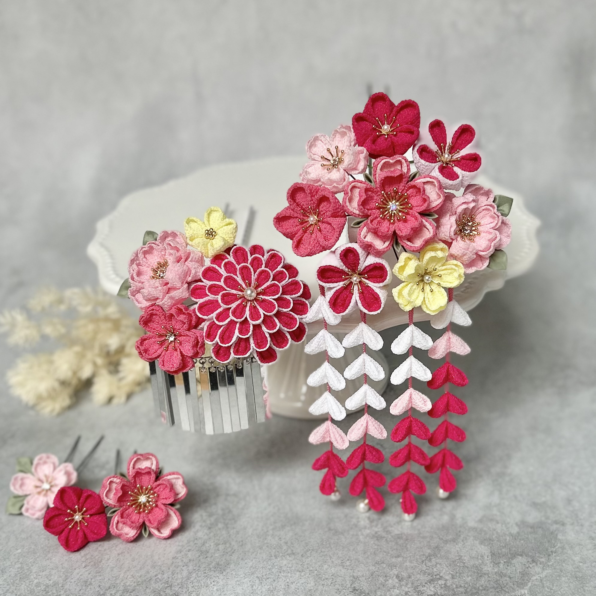 つまみ細工 かんざしセット（7歳さん以上向け）ピンク 黄色 *七五三 *髪飾り *日本髪 *成人式 *銀ビラ *藤下がり
