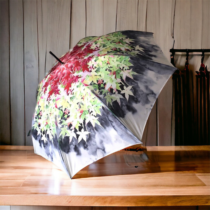 【受注生産】ジャポニズム　紅葉の雨傘　グリーン＆グレイ　梅雨対策2023