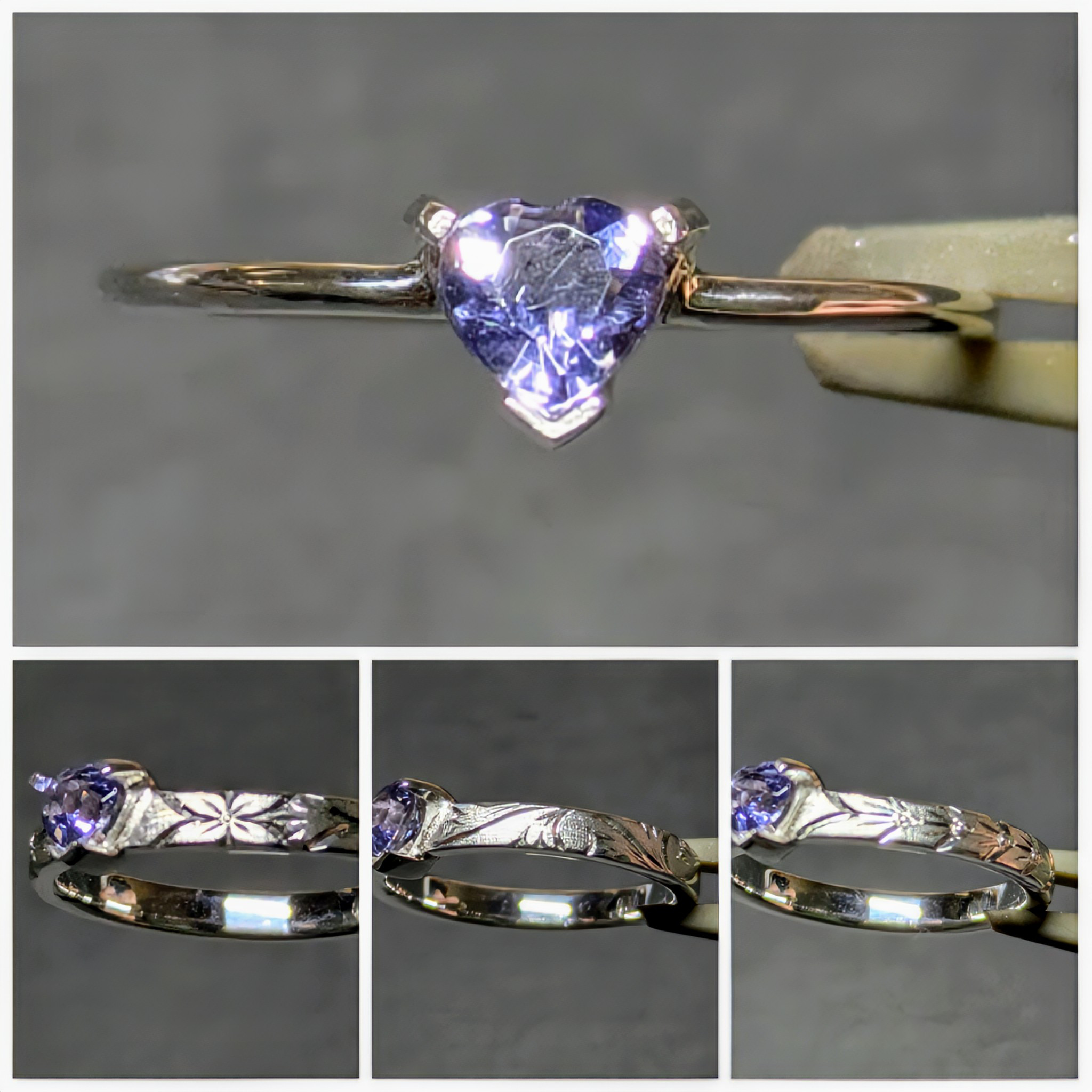 アイオライト　リング　アームデザイン変更可　ハート　手彫り　天然石　誕生石　金属アレルギー対応　ミルグレイン　唐草　勿忘