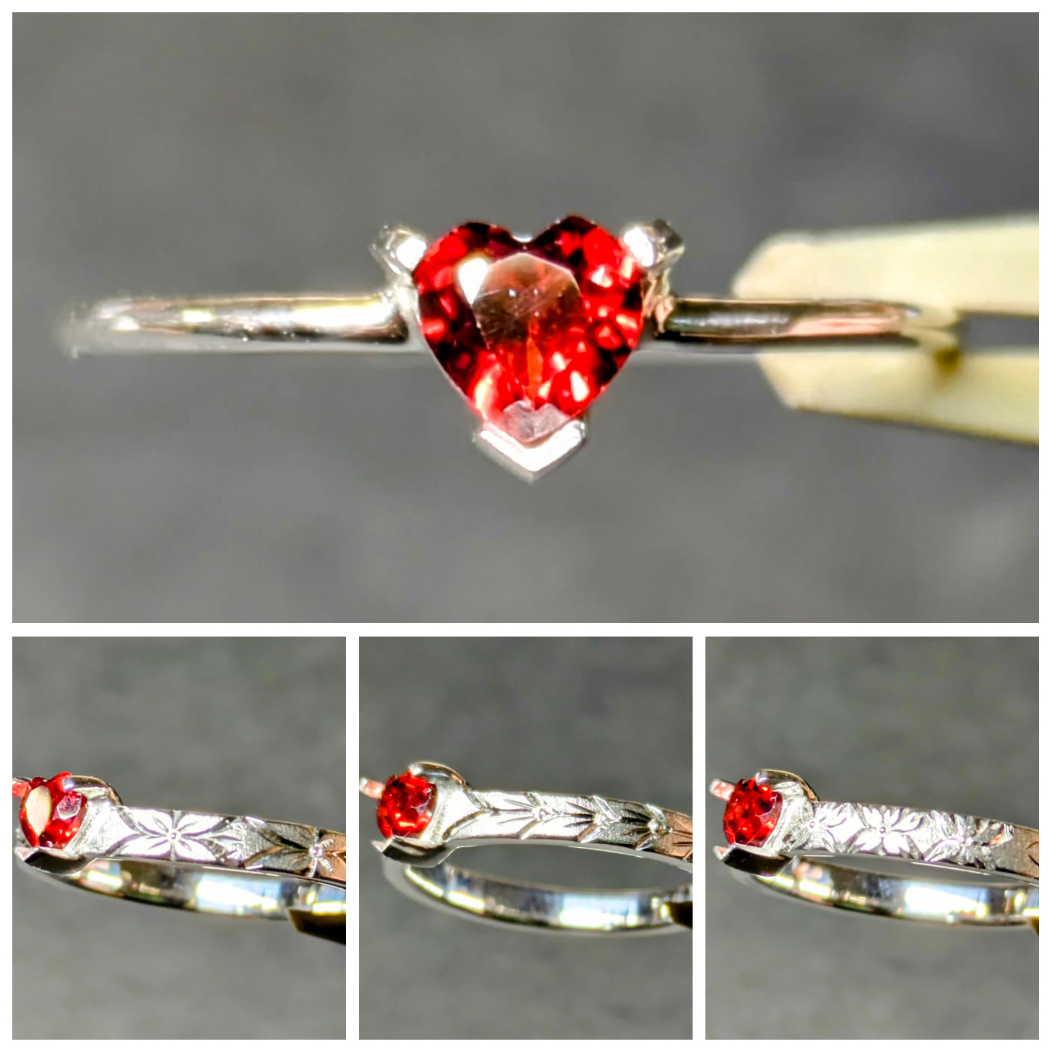 ガーネット　リング　アームデザイン変更可　ハート　手彫り　天然石　誕生石　金属アレルギー対応　ミルグレイン　唐草　勿忘草