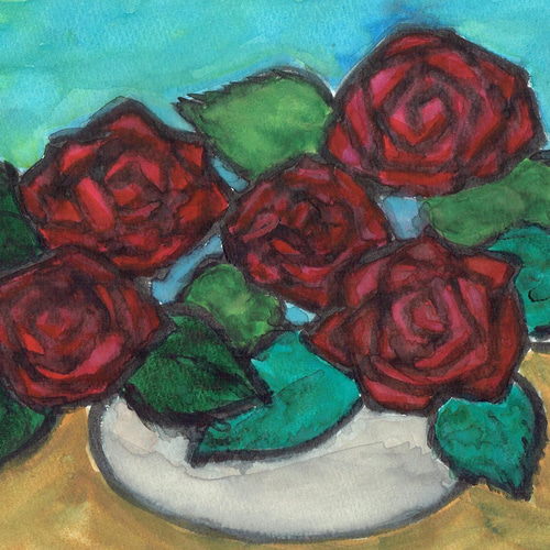 女性の絵 水彩画 原画 額付き「薔薇色の頬」