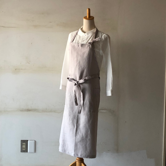 フレンチリネン100％ 男女兼用フルエプロン ライトグレー中厚