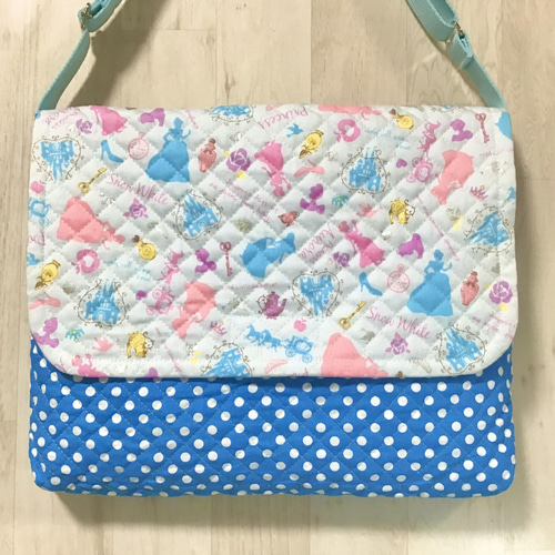 ショルダー型図書袋☆シンデレラブルー☆プリンセス柄×ドット ショルダー型図書袋☆シンデレラブルー☆プリンセス柄×ドット