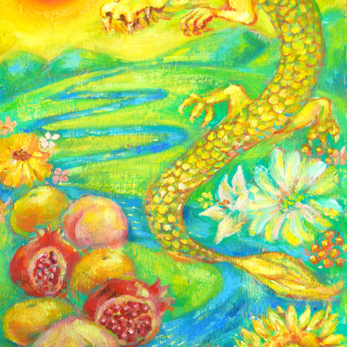 SM 風水絵画☆受注制作☆さんかんの実・龍・赤い玉・日本の風景