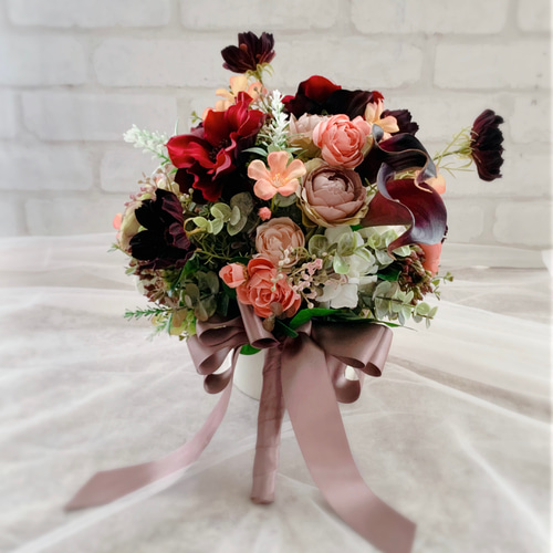 コスモスブーケ ウェディングブーケ 造花 秋ブーケ チョコレート