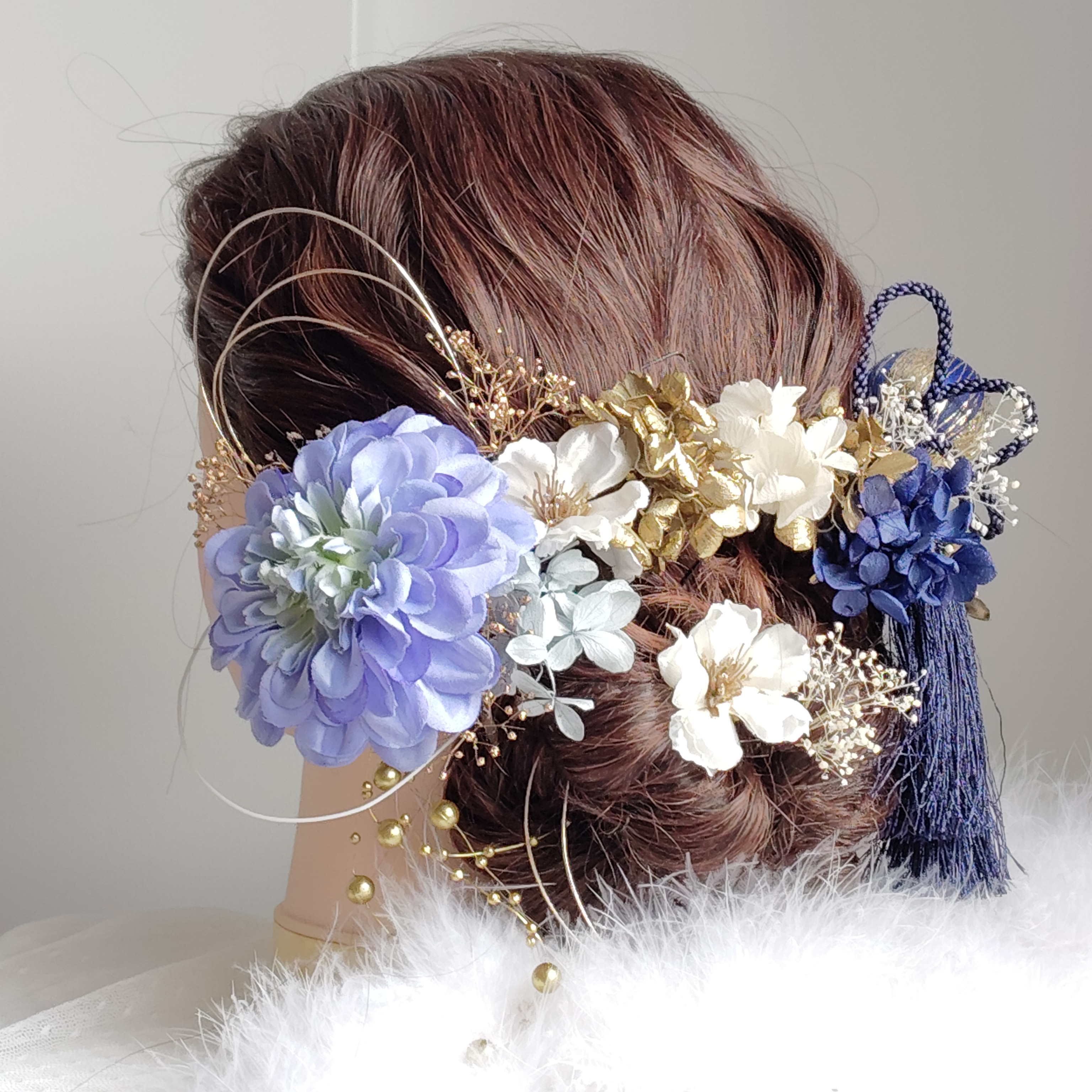 花華＿　枝垂れパールの和装髪飾り　結婚式髪飾り　卒業式髪飾り　成人式　卒業式　結婚式　成人式前撮り　紺　青　水色　みず色