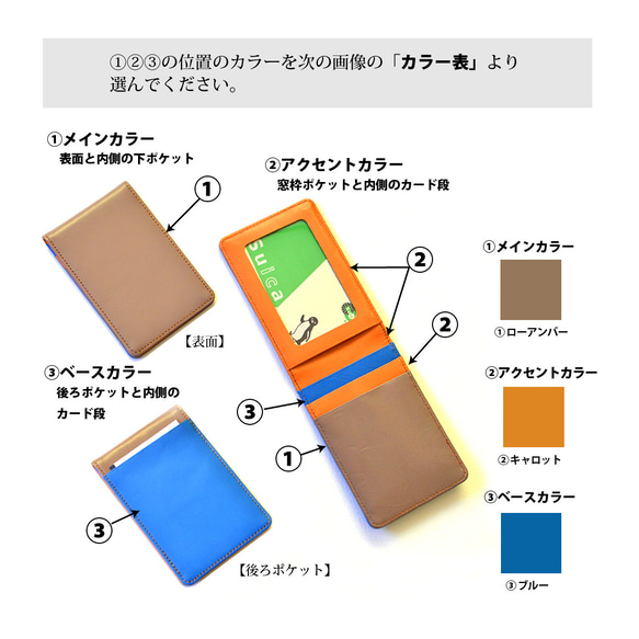 【3色選んで配色　タテ型二つ折りパスケース】スムース（牛）革製　MK-3002-V 2枚目の画像