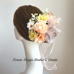 ピーチピンクの薔薇とデージーのヘッドドレス　デージー　ヘッドピース　髪飾り　成人式　卒業袴　結婚式　ウェディング 1枚目の画像