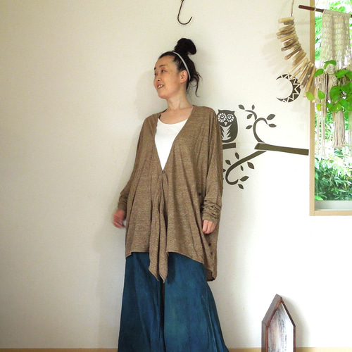 つつむ ルーズなカシュクールカーディガン○オリーブブラウン  