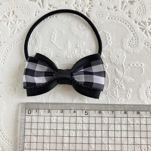 ☆ 再販 りぼん ヘアゴム 黒 ギンガムチェック ダブルリボン キッズ