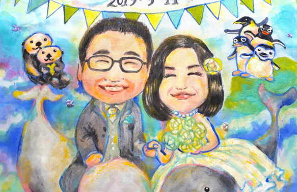 ウエディング お祝い　結婚式　特注　似顔絵　布絵　A4 7枚目の画像