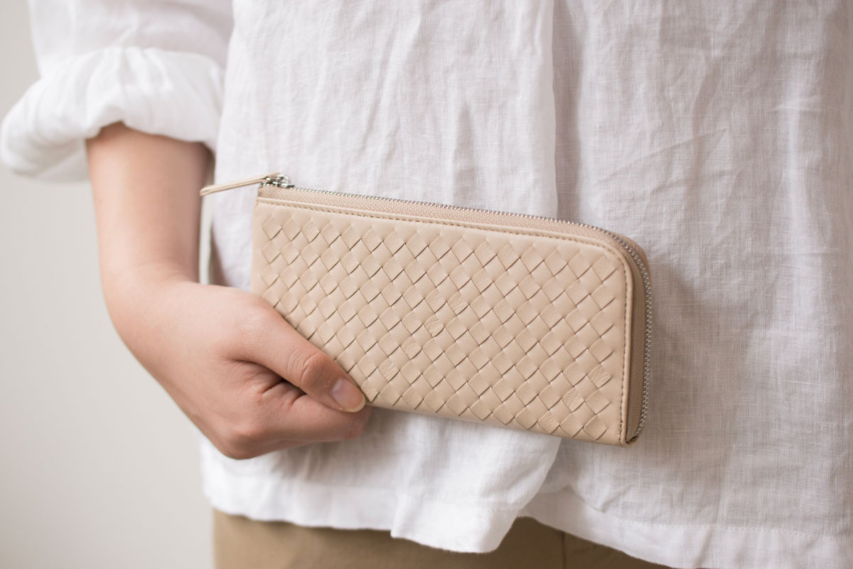 【3日以内発送】 柔らかメッシュのシープレザー　L字ファスナー長財布　ベージュ(40)ソフトメッシュ　 MH1321