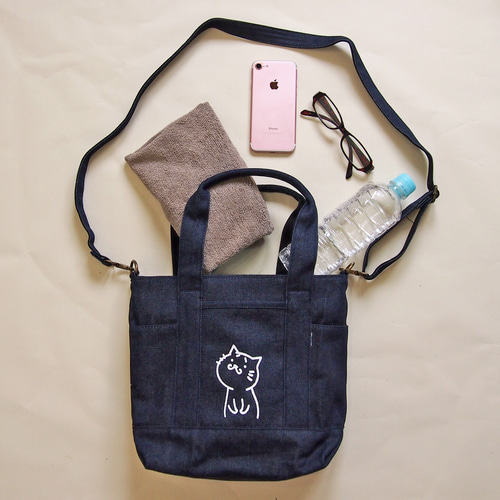 便利ファスナー ポケット トートバッグ(S) 2WAY ネイビー 帆布 猫