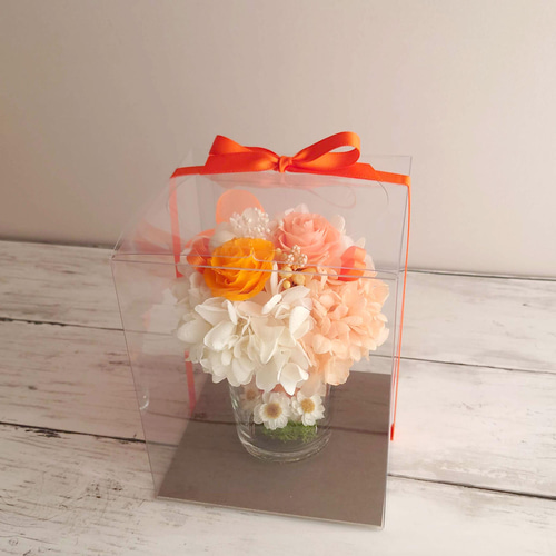 プリザーブドフラワーミニ グラスアレンジ オレンジ ブリザード