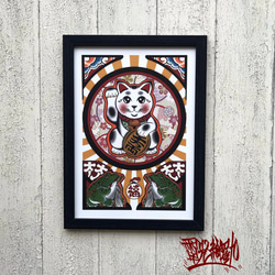 尾九 縁起物イラスト 招き猫 銭カエル A4サイズ フレーム付き イラスト