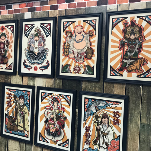 尾九 吉祥画 七福神 セット A4サイズ フレーム付き イラスト bbqcomic