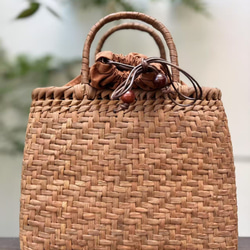 国産山葡萄 山葡萄籠バッグ 手作り 網代編み 巾着タイプ内布 固定式