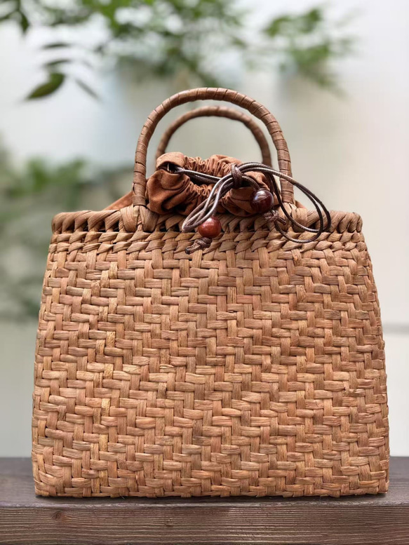 国産山葡萄 山葡萄籠バッグ 手作り 網代編み 巾着タイプ内布 固定式