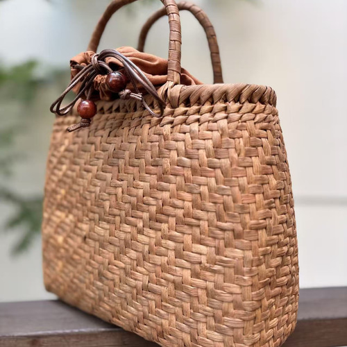 国産山葡萄 山葡萄籠バッグ 手作り 網代編み 巾着タイプ内布 固定式