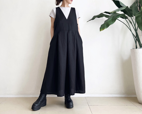 サロペットスカート/ジャンパースカート Cotton Linen Black