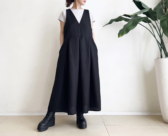 サロペットスカート/ジャンパースカート Cotton Linen Black 1枚目の画像