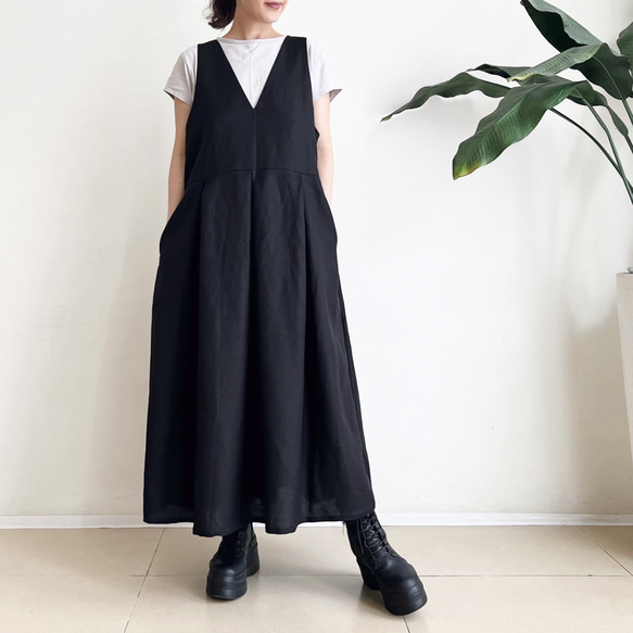 サロペットスカート/ジャンパースカート Cotton Linen Black 3枚目の画像
