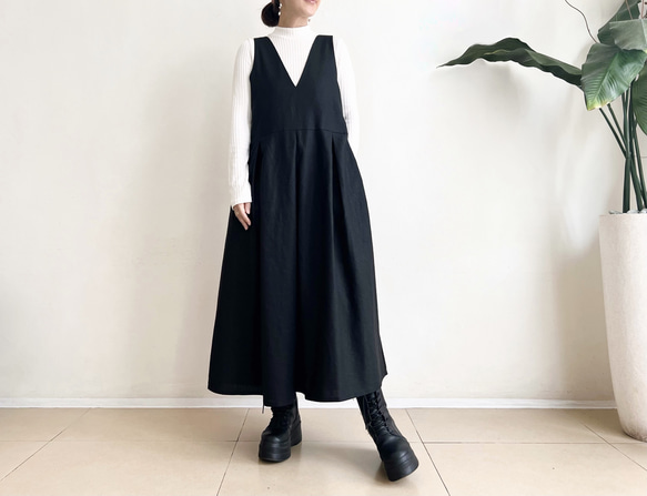 サロペットスカート/ジャンパースカート Cotton Linen Black 8枚目の画像