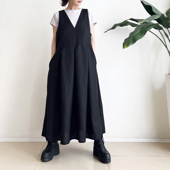 サロペットスカート/ジャンパースカート Cotton Linen Black 4枚目の画像