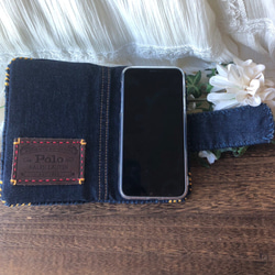 ビンテージデニムのリメイク・手帳型スマホケース ／ビーズ刺繍・天然石・水牛の角/一点物・オンリーワン・メンズライク 16枚目の画像