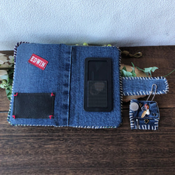 ビンテージデニムのリメイク・手帳型スマホケース ／ビーズ刺繍・天然石・水牛の角/一点物・オンリーワン・メンズライク 4枚目の画像