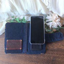 ビンテージデニムのリメイク・手帳型スマホケース ／ビーズ刺繍・天然石・水牛の角/一点物・オンリーワン・メンズライク 17枚目の画像