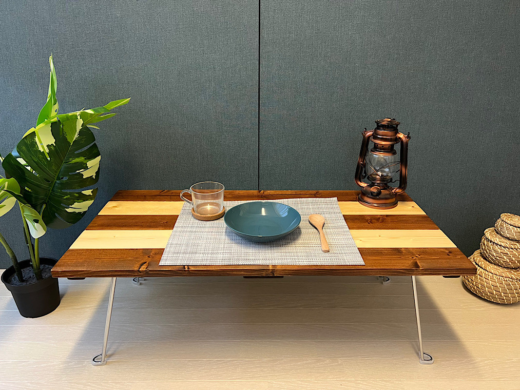 【送料無料】 ローテーブル 長方形 90cm 45cm SPF ストライプ 薄型 折りたたみ脚